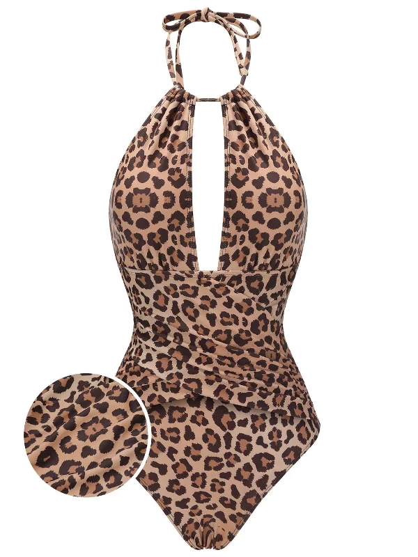 Brown 1930s Leopard V-Neck Halter Swimsuit Gym