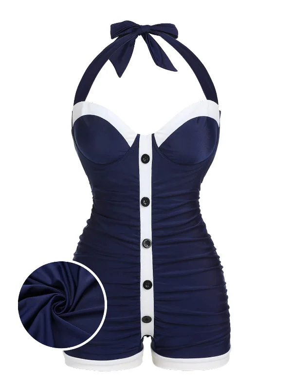 Navy Blue 1950s Pleated Halter Swimsuit Youthful Women's Pop
