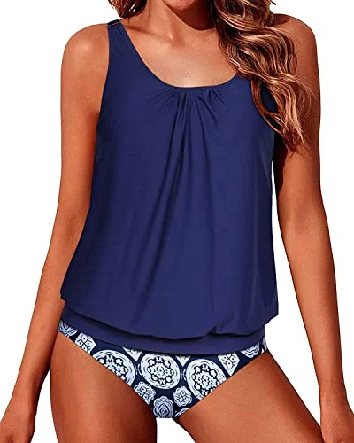 Tummy Control Loose Fit Tankini Bathing Suits For Women-Navy Blue Tribal Sharp Women's Italian