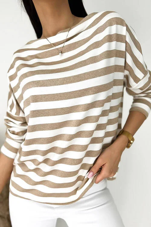 Striped Round Neck Long Sleeve Blouse Relaxed Women's Beachy