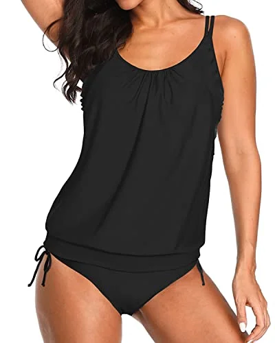 Blouson Tankini Sets Tie Side Shorts Layered Swimsuits For Women-Black Hip Women's Retro