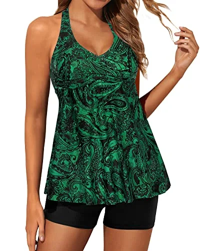 Women's Strapless Tankini Swimsuit Adjustable Self-Tie And Open Back Detail-Green Paisley Laid - back Women's Style