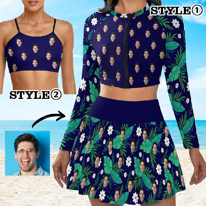 Custom Face Navy Blue Bikini Top&Bottom Women's Swim Skirt With Bottom Long Sleeve Zip Top Minimalist Women's Casual