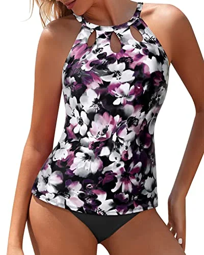 Backless Halter Neck Sexy Tankini Swimsuits For Women High Waisted Shorts-Purple Floral Gym