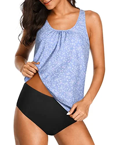 Wireless And Removable Sports Bra Tankini Swimsuits For Women-Blue Floral Laid - back Women's Vibe