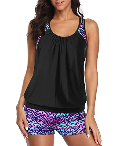 Racerback Bathing Suit Top Boy Shorts For Women-Black And Tribal Purple Hip Women's Retro