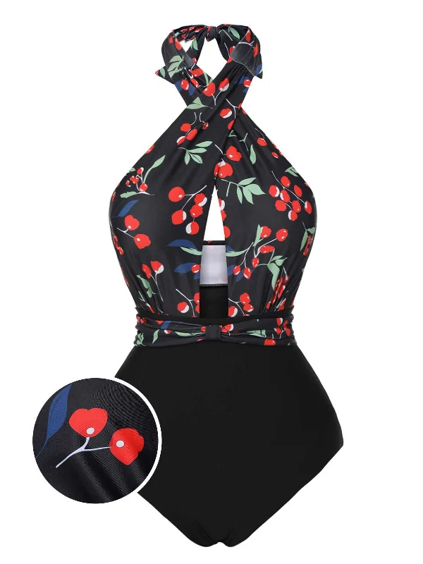 Black 1950s Cross Halter Cherry Swimsuit Feminine Women's Style 