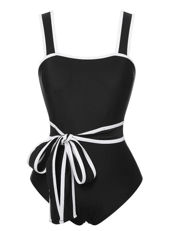Black & White 1950s Wide Strap One-Piece Swimsuit Refined Women's Hand - crafted
