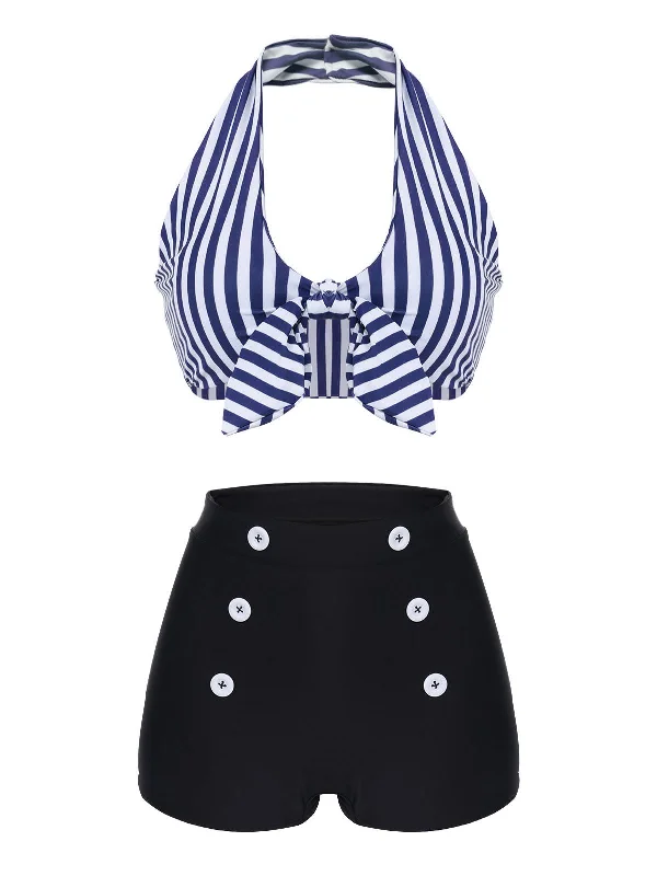 Blue 1950s Retro Halter Stripes Bikini Set Country