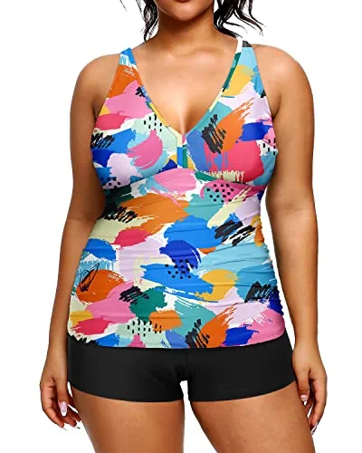 Plus Size Tankini Shorts Tummy Control Bathing Suit-Color Block Cool Women's Skate