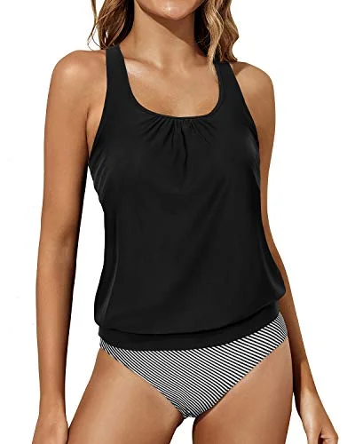 Two Piece Tummy Control Racerback Tank Tops Bottoms Blouson Swimwear-Black Stripe Unique Women's Upcycled