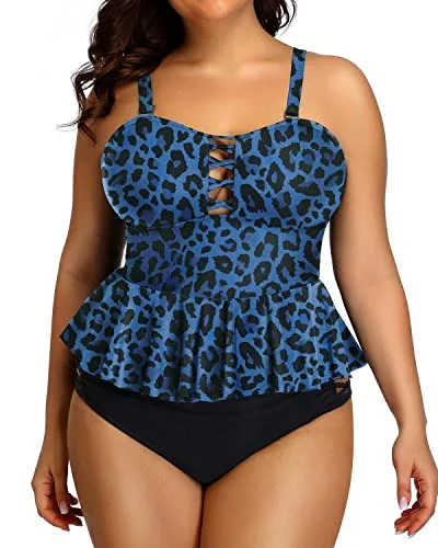 Peplum Tankini Tops Criss Cross Design For Women Plus Size Bathing Suits-Blue Lepoard Sporty Women's Tennis