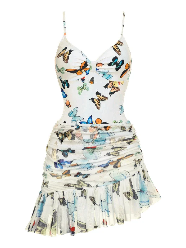 1960s Butterflies Strap One-piece Swimsuit & Cover-up Skirt Refined Women's Classic 