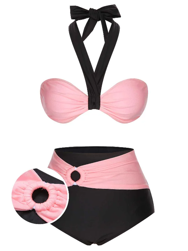 Black 1960s Halter Contrast Swimsuit Practical Women's Multi - 