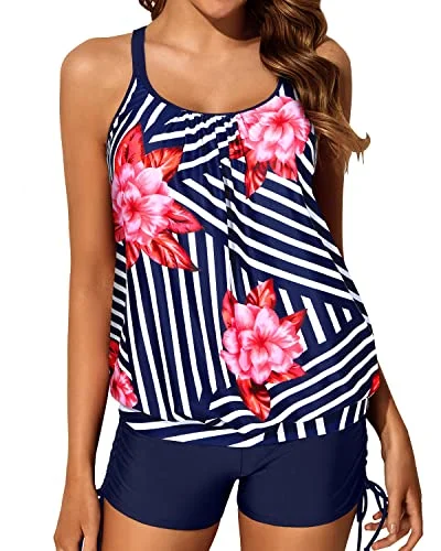 Full Coverage Drawstring Boyleg Bottom Womens Blouson Tankini Swimsuits-Blue Floral Geometric