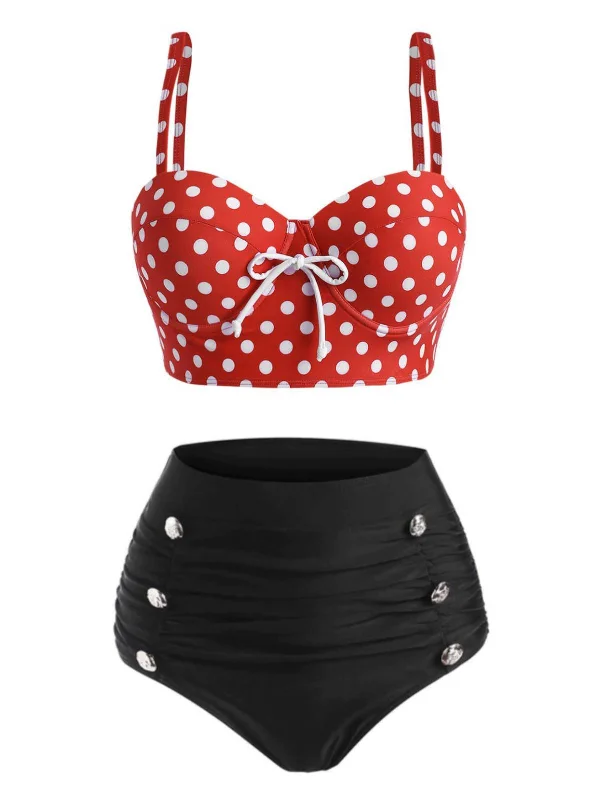Red 1950s Strap Polka Dot Bikini Set Cool Women's Skate
