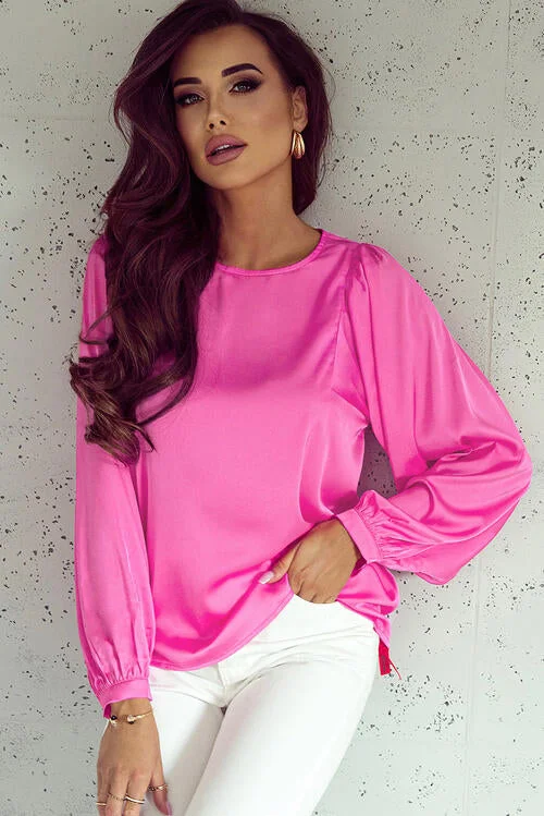 Round Neck Ruff Sleeve Blouse Cashmere