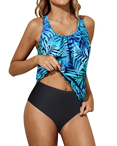 Blouson Tankini Tops Bikini Bottoms Swimsuit Blouson Swimwear-Dark Blue Green Leaves Cashmere