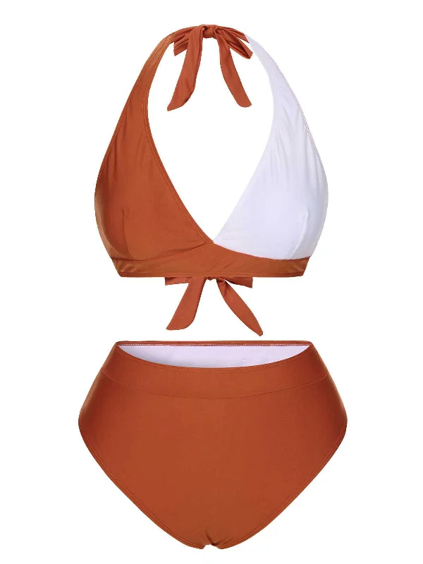 Red 1930s Halter Contrast Swimsuit Refined Women's Hand - crafted