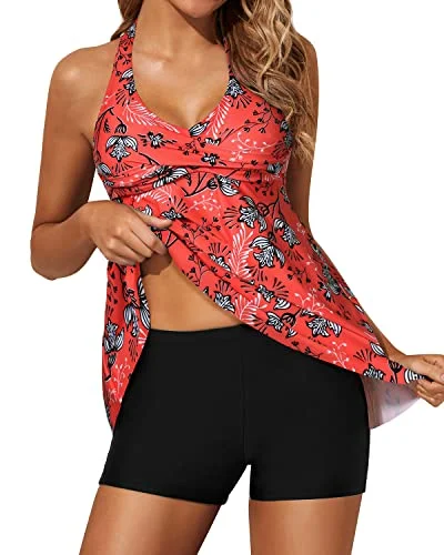 Flattering Twist Front Tankini Swimsuits For Women Shorts-Red Floral Athletic Women's 