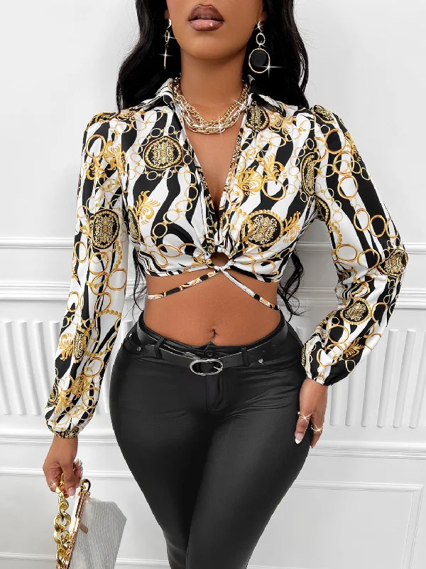 Johnny Collar Tie Back Cropped Blouse Stylish Women's Tropical 