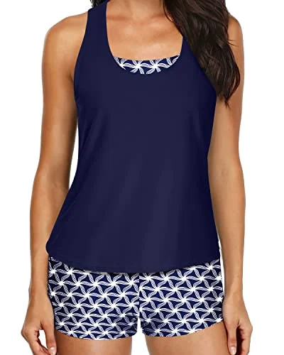 Bathing Suit Adjustable Shoulder Straps & Mid Waist Boyleg Bottoms-Navy Blue Tribal Bohemian Women's Free