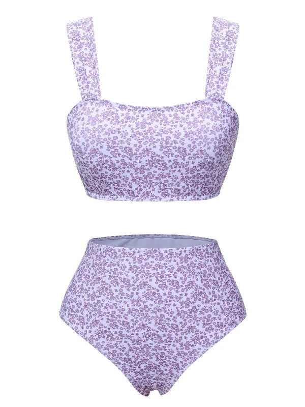Lavender 1950s Floral Wide Strap Swimsuit Traditional Women's Wool