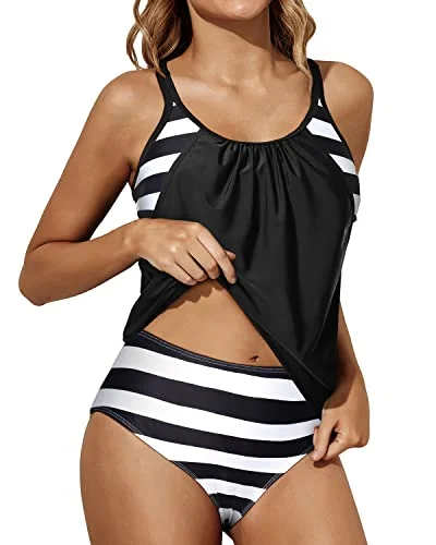 Blouson Tankini Top Bottom Double Up Bathing Suit Tankini Swimsuits For Women-Black And White Stripe Cozy Women's Sherpa - lined