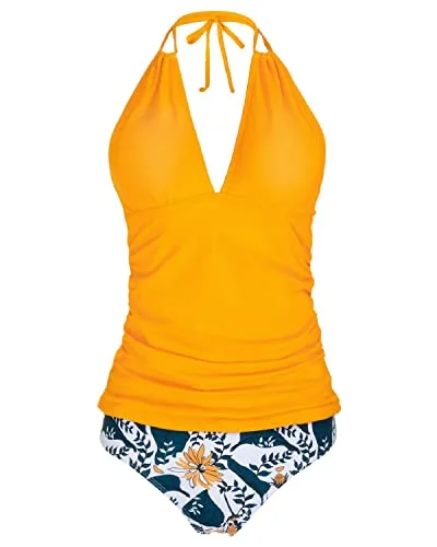 Backless Design Double Straps Detail Swimwear Two Piece Tankini-Yellow Floral Modern Women's 