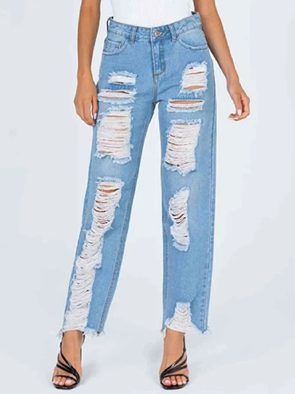 Raw Hem Distressed Straight Jeans Practical Women's Quick - dry