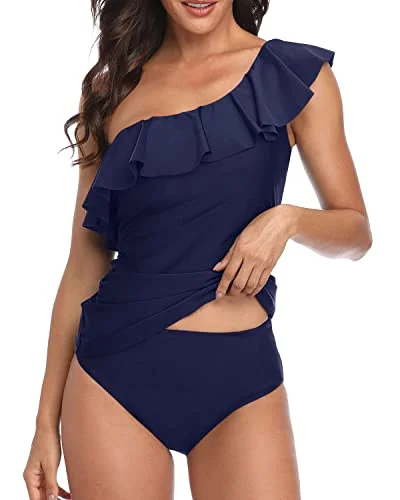 Asymmetric One Shoulder Neckline Swimsuits For Women-Navy Blue Street