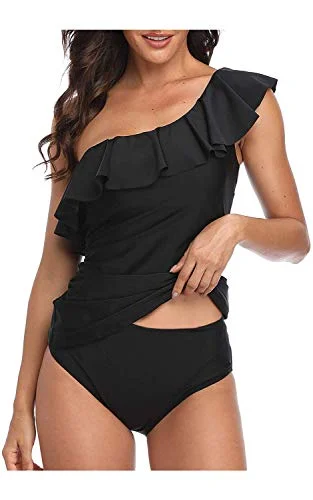 Tummy Control Bathing Suits One Shoulder Tankini-Black Bold Women's Animal Print