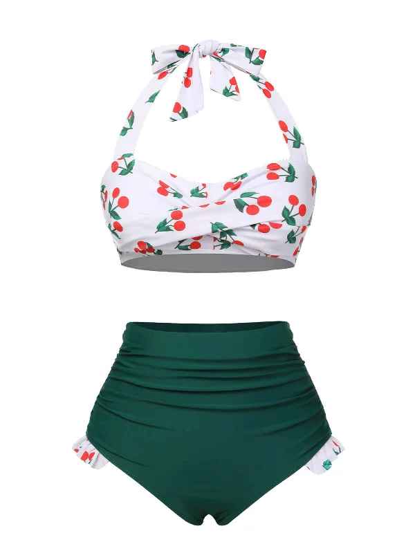 Green & White 1960s Cherry Halter Swimsuit Cool Women's Skate