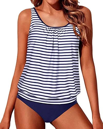 Flattering Bathing Suits Blouson Swimsuits For Women-Blue White Strip Feminine Women's Style 