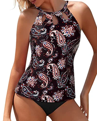 Trendy High Neck Two Piece Tummy Control Tankini Swimwear-Black Tribal Confident Women's High - fashion