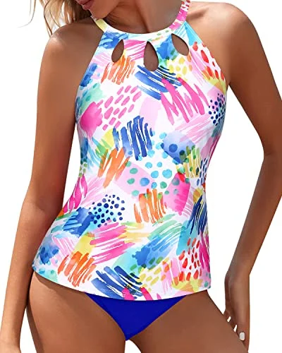 Trendy Swim Top & High Waisted Bottom Tummy Control Tankini Swim Suit-Colorful Watercolor Scandinavian