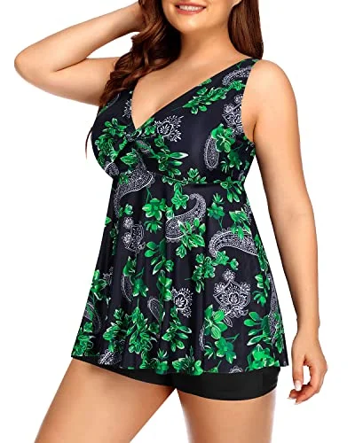 Flowy Bathing Suits Shorts And Modest Coverage Tankini Swimsuits For Women-Green Paisley Business