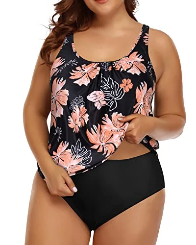 Women's Plus Size Two Piece Blouson Tankini Swimsuit-Black Orange Floral Scandinavian