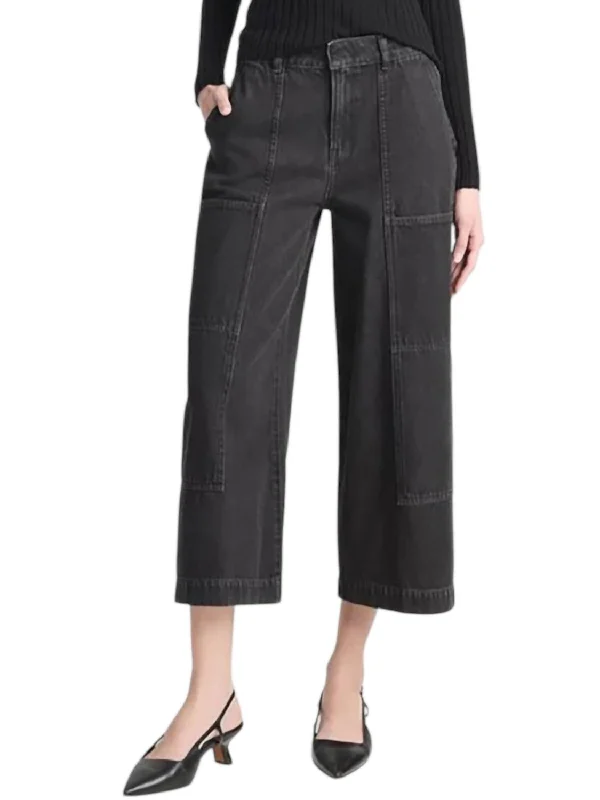 Cotton Mid-Rise Utility Wide Crop Pants In Washed Black Hip Women's Urban