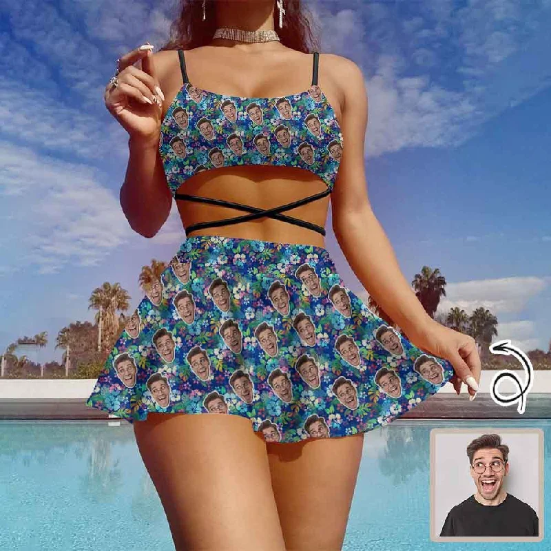 Custom Face Blue Background Green Flowers Bikini Set Women's String Three-Piece Bikini Skirt Relaxed Women's Beachy