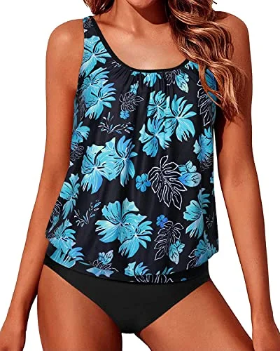 Two Piece Blouson Tankinis Loose Fit Tank Tops For Women-Black Green Flowers Scandinavian