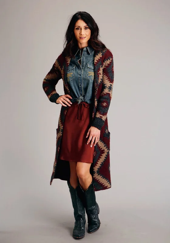 Stetson Womens Aztec Cardigan Wine Wool Blend Duster Sweater Earthy Women's Hemp - based