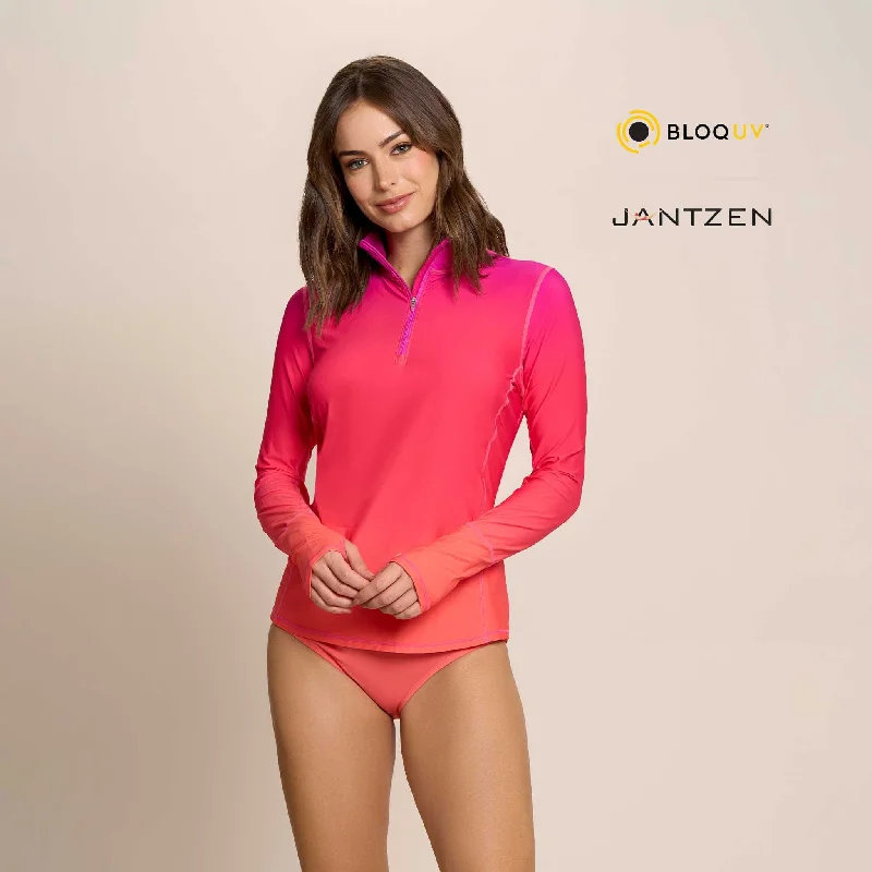 FLOWERS OF THE SUN RELAXED MOCK NECK ZIP TOP Trendy Women's Oversized