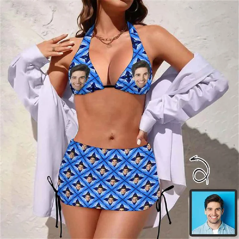 Custom Face Blue Cross 3-Pieces Bikini Set Halter Neck Top Bikini Skirts with Drawstring Relaxed Women's 