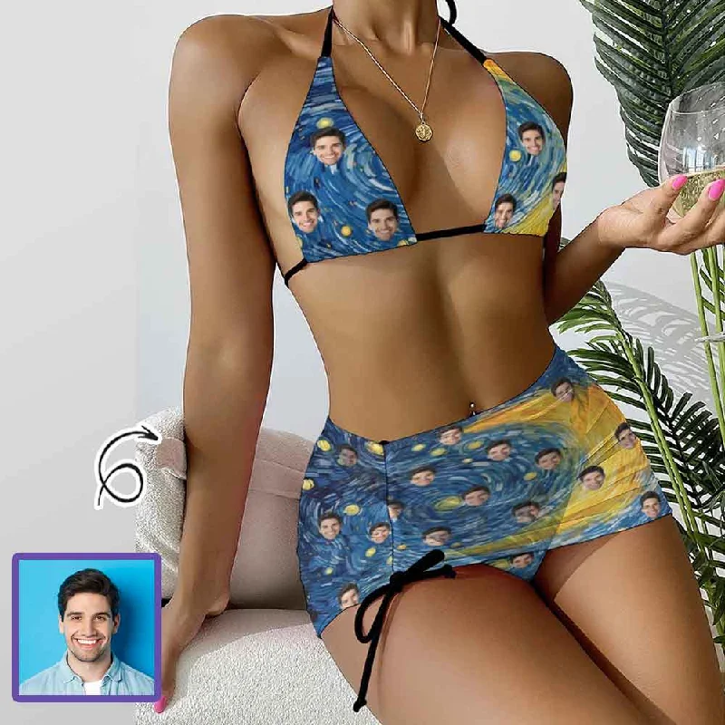 Custom Face Starry Sky Bikini Set For Women 3-Pieces Summer Swimsuit Rugged Women's Outdoor 