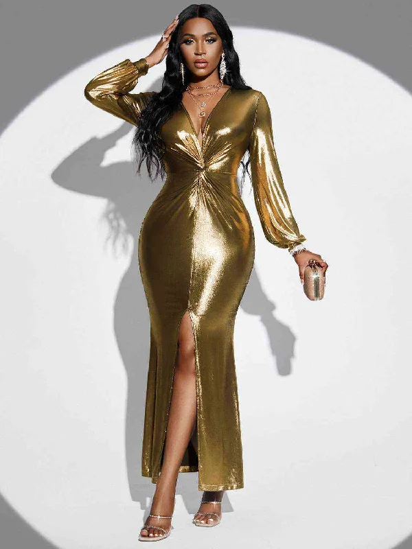 Plunge Twisted Slit Midi Dress Sustainable Organic
