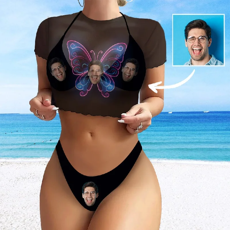 Custom Face Butterfly Women's 3 Pieces Bikini Set with Mesh Cover up Halter Triangle Bikini Cover Up Set Artistic Women's Avant - 