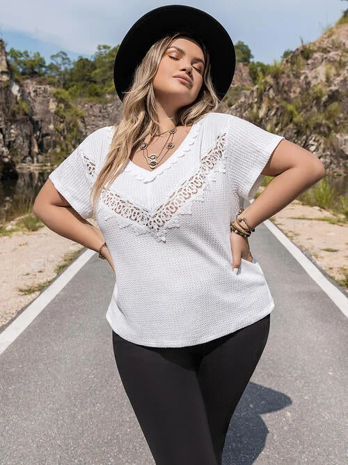 Plus Size Lace Detail V-Neck Short Sleeve Blouse Unique Women's Upcycled