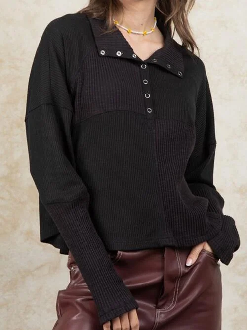 Ribbed Knit Henry Collar Loose Fitting Long Sleeve Top Compression