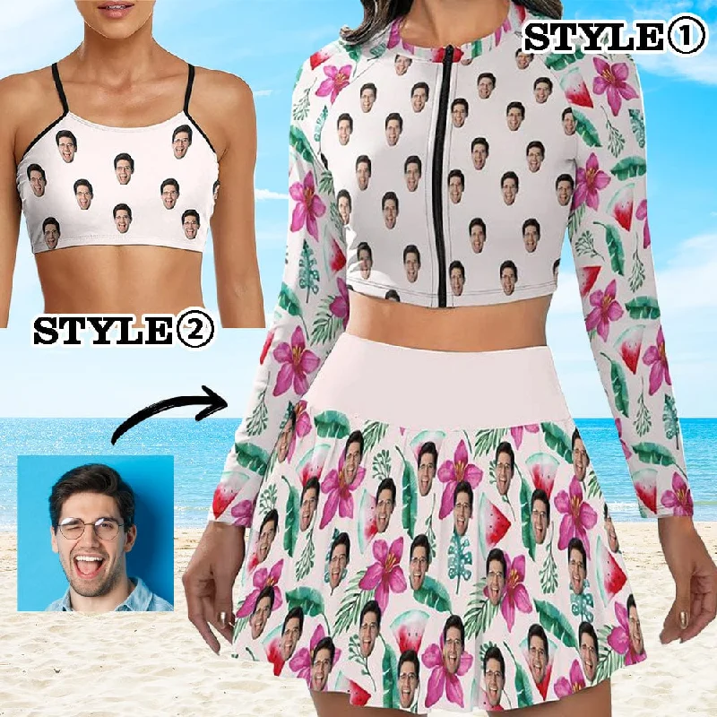 Custom Face Watermelon White Bikini Top&Bottom Women's Swim Skirt With Bottom Long Sleeve Zip Top Youthful Women's Anime - inspired